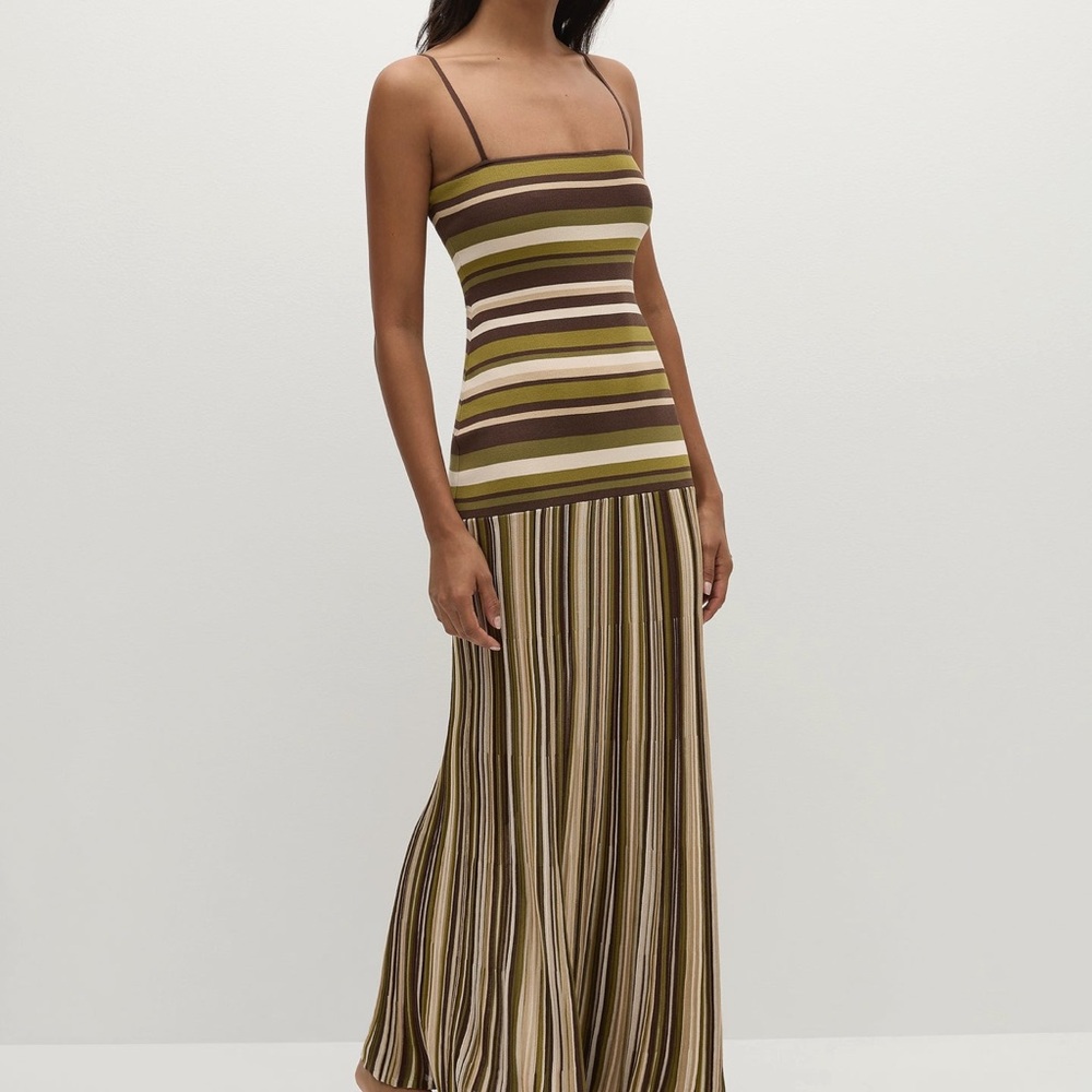 NWT Faithfull the Brand Esenia Drop-Waist Olive and Brown Striped Dress